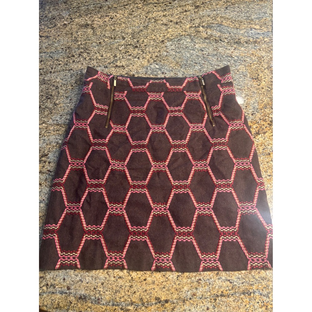Beth Bowley Mini Skirt Geometric Print Brown Pink Zipper Accents Size 6‎ Wool